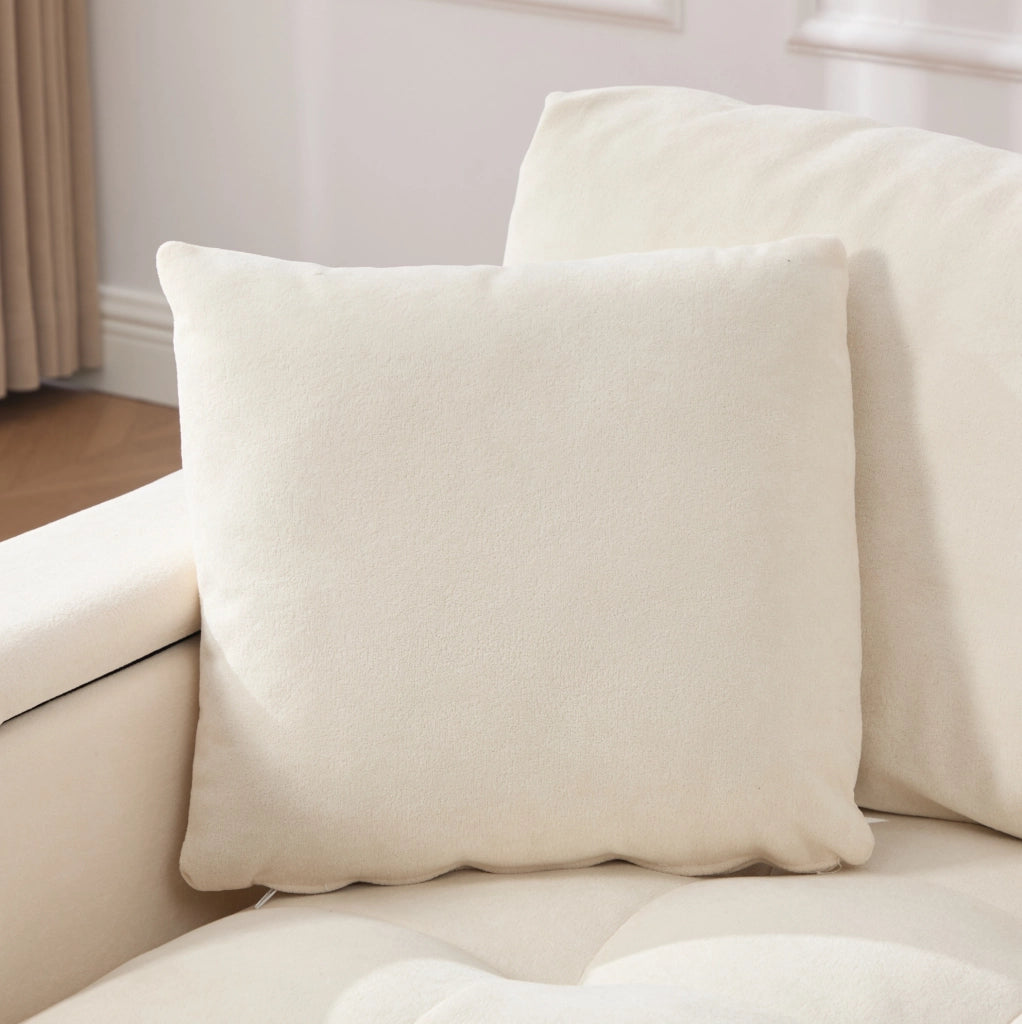 Divano 2 posti in ciniglia beige con contenitore nei braccioli e 2 cuscini HOMVRA