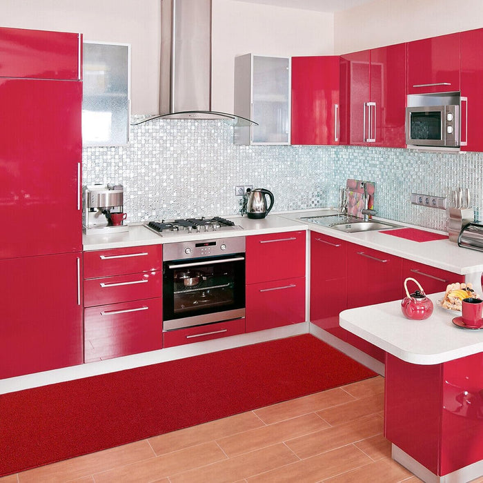 Tappeto Cucina 57x400 cm Tessitura Piatta Antiscivolo Multiuso Corsia Corridoio Made In Italy Bordeaux