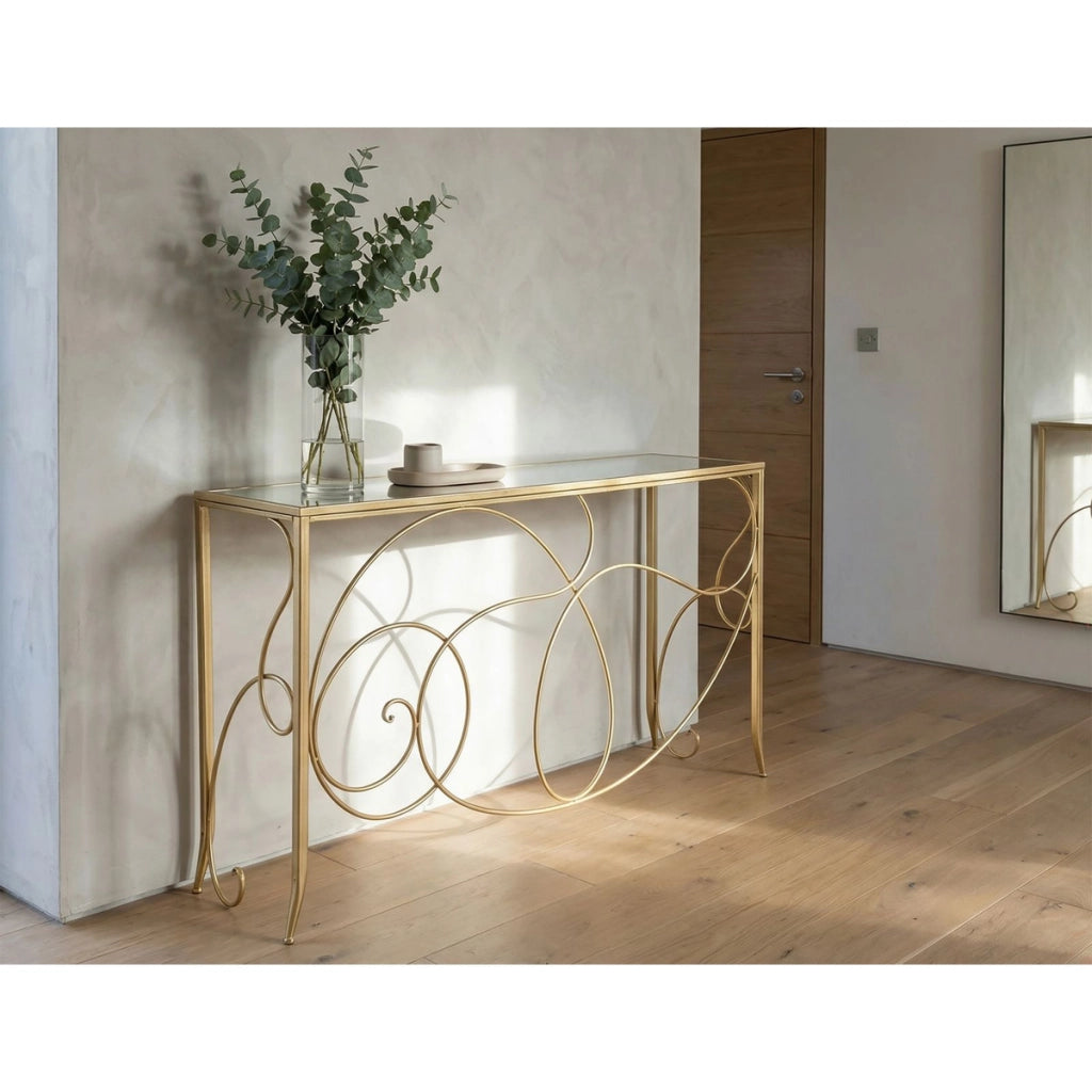 Consolle Art in ferro, MDF e specchio gold – 140 x 40 x H 80 cm