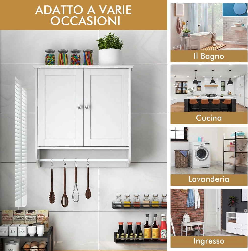 Mobile da Bagno Sospeso, Armadietto da Parete con 2 Ante Barra Porta Asciugamani e Ripiano Regolabile, Salvaspazio Stile Moderno, 60 x 21 x 61 cm (Bianco)