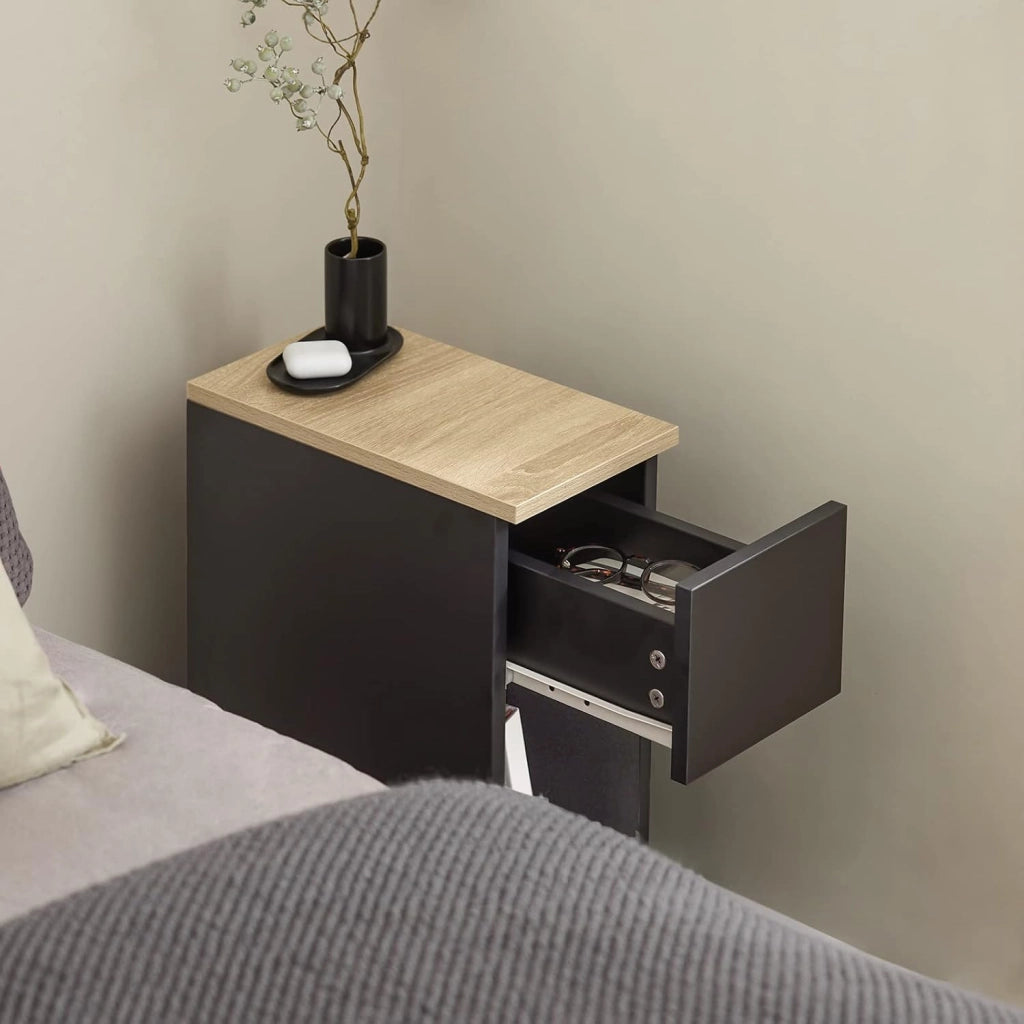 2 Comodino Sottile comodino per camera da letto con cassetto e ripiano comodini per camera da letto e soggiorno Tavolino divano Nero L20 x P35 x A60 cm FBT111-SCHx2