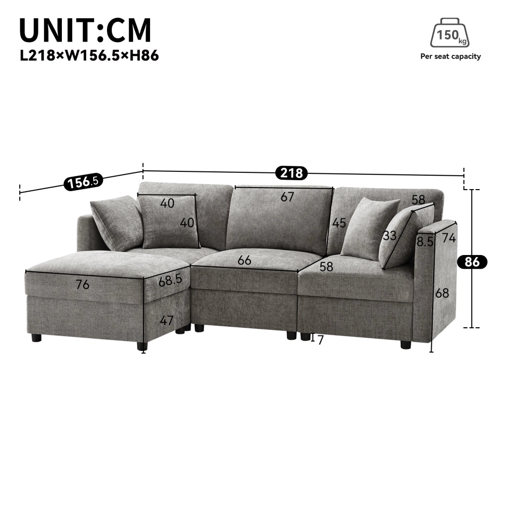 Divano angolare 3-4 posti con pouf e 4 cuscini, braccioli regolabili, in ciniglia, grigio