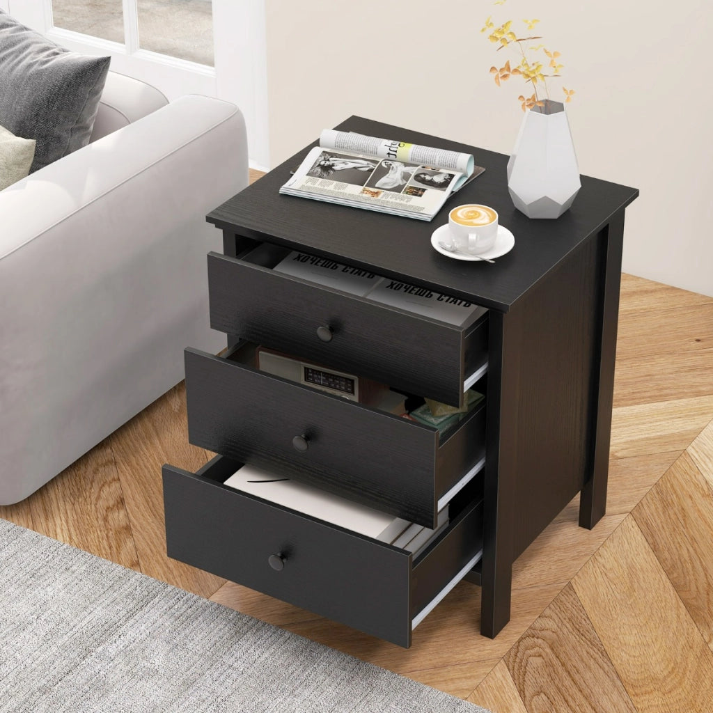 Comodino con 3 cassetti per camera da letto, Cassettiera compatta in legno con spazio di archiviazione per divano Nero-Comodini