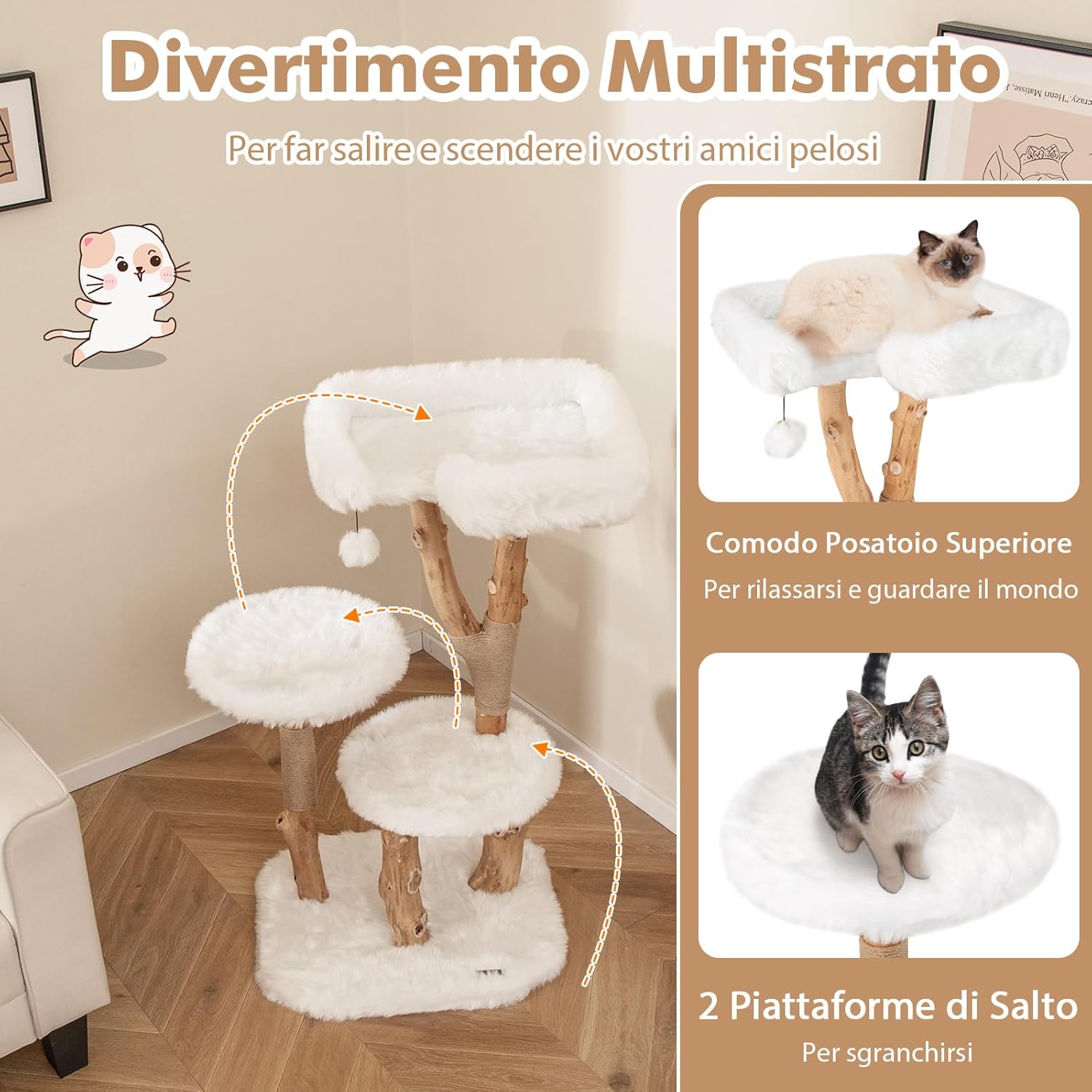 Tiragraffi per Gatti in Legno 110cm, Torre in Peluche Lunga per Animali Domestici con Pali in Corda di Juta Naturale e Palla Pendente, Albero Moderno per Gatti, Bianco e Naturale