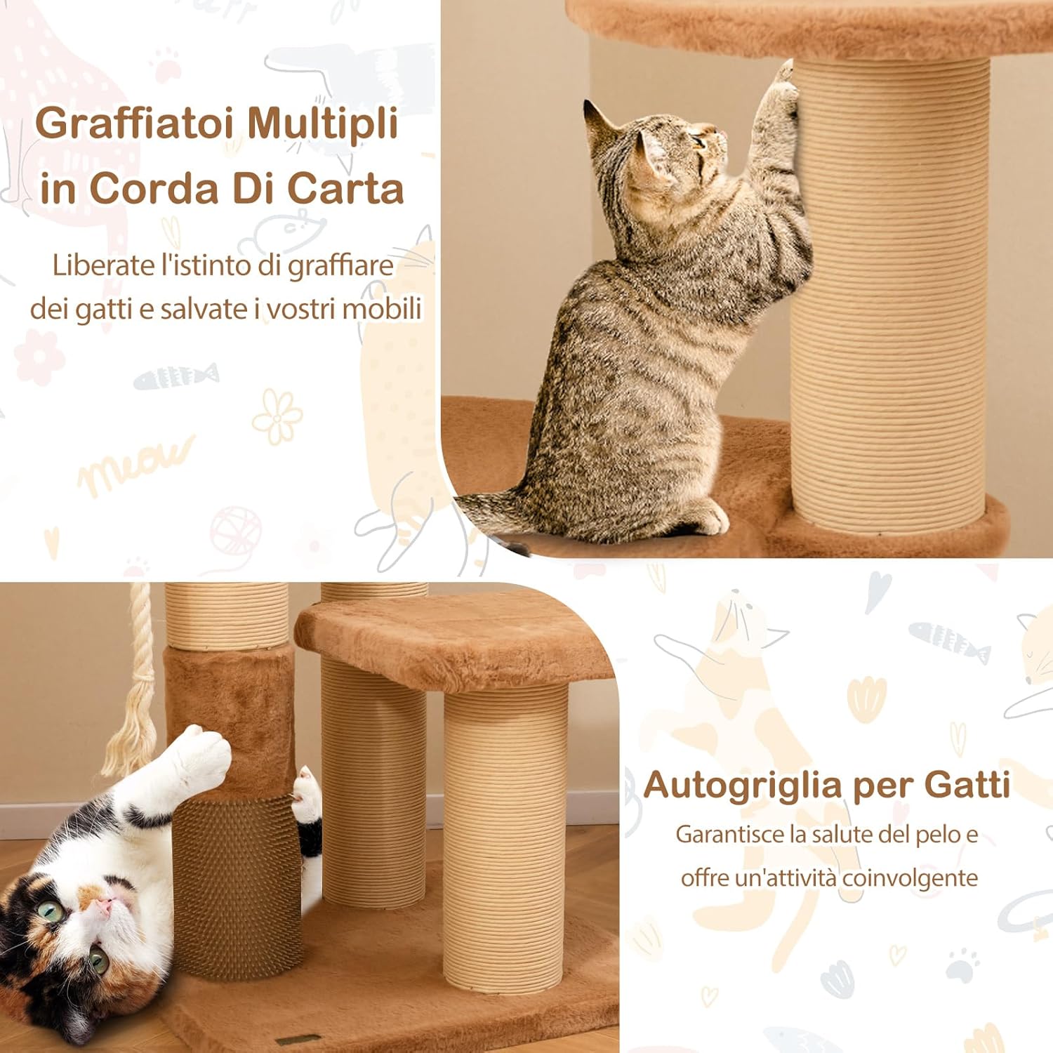 Tiragraffi per Gatto Alto 165 cm, Albero Tiragraffi Gatto con 4 Piattaforme, 4 Pali Sisal, Spazzola, Corda e Palla Pompon, Torre Tiragraffi per Gatti Imbottito Rimovibile, Caramello
