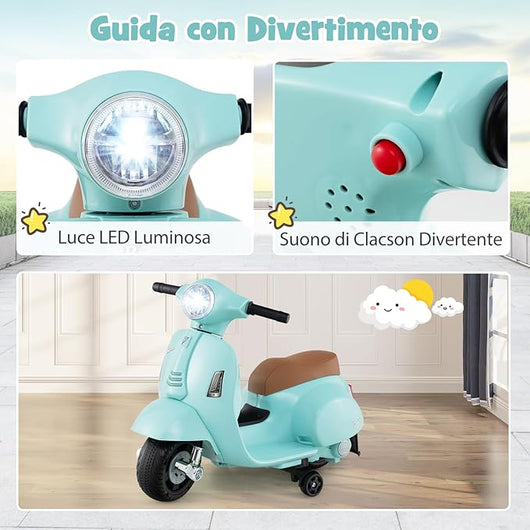Moto Elettrica per Bambini, 6V Mini Moto per Bambini 18-36 Mesi, con Licenza Ufficiale Vespa, con Luci a LED e Suoni di Clacson, Portata 25 kg, 2 Ruote di Allenamento, 2,5 km/h (Blu)