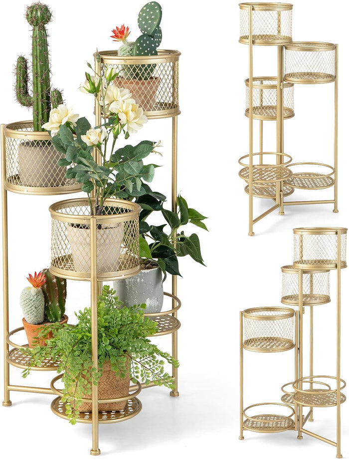 Porta Piante da Interno Pieghevole, Scaffale per Piante e Fiori in Metallo a 6 Livelli,Porta Vasi Salvaspazio da Balcone e Salotto, 41 x 39 x 82 cm (Oro)