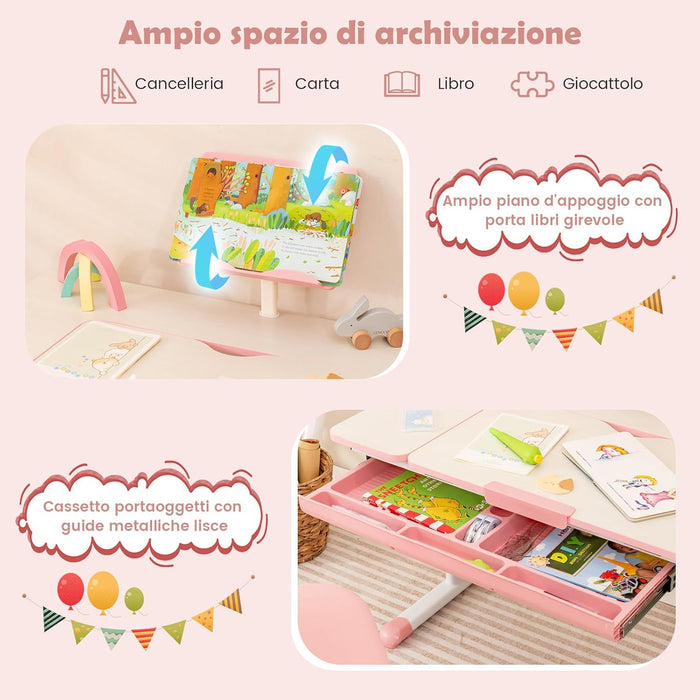 Scrivania per Bambini, Tavolo per Studenti con Regolabile in Altezza, con Piano Ribaltabile, Libreria, Cassetti e Righello di Misurazione, Ergonomica, Ideale per Bambini 3-12 Anni (Pink)