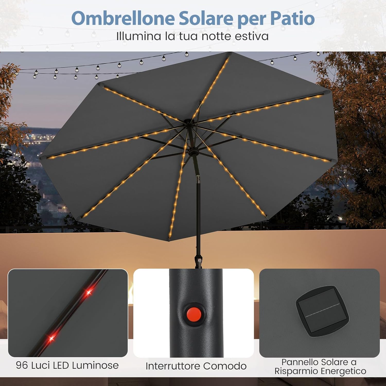 Ombrellone da Esterno 288 cm, con 96 Luci LED, Ombrellone Giardino con Inclinazione Regolabile, Manovella, 8 Stecche e Top Ventilato, Parasole da Mercato per Giardino Spiaggia (Grigio)