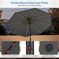 Ombrellone da Esterno 288 cm, con 96 Luci LED, Ombrellone Giardino con Inclinazione Regolabile, Manovella, 8 Stecche e Top Ventilato, Parasole da Mercato per Giardino Spiaggia (Grigio)