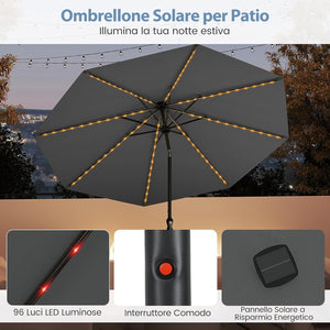 Ombrellone da Esterno 288 cm, con 96 Luci LED, Ombrellone Giardino con Inclinazione Regolabile, Manovella, 8 Stecche e Top Ventilato, Parasole da Mercato per Giardino Spiaggia (Grigio)