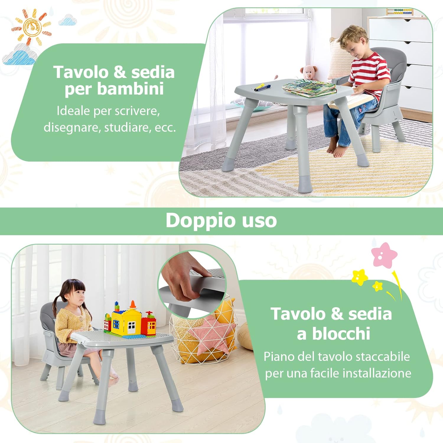 Seggiolone Pappa per Bambini 6 in 1, Seggiolone per Neonati Convertibile, Tavolo per Costruzioni per Bambini, con Imbracatura a 5 Punti, per Bambini da 6 Mesi fino 3 Anni (Grigio)