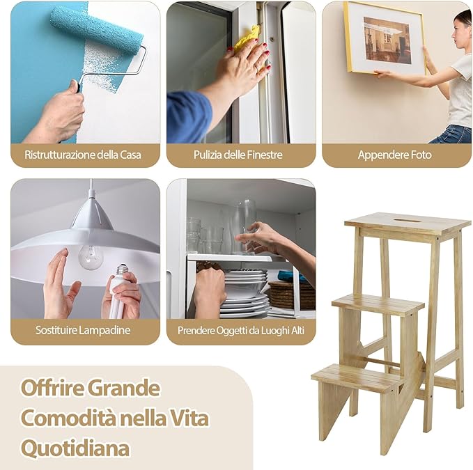 Scaletta Pieghevole, 3 in 1 Scaletta e Sgabello in Legno Multifunzione, 3 Gradini, Reversibili Impugnatura, Portatile e Leggera, Ideale per Studio Soggiorno (Naturale)