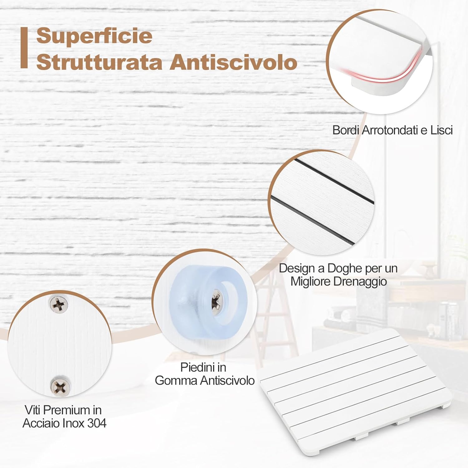 Tappetino Antiscivolo per Doccia, Tappetino da Doccia Impermeabile per Bagno, Piedini Antiscivolo per Vasca Piscina Spa, per Uso Interno ed Esterno (60 cm x 48 cm, Bianco)