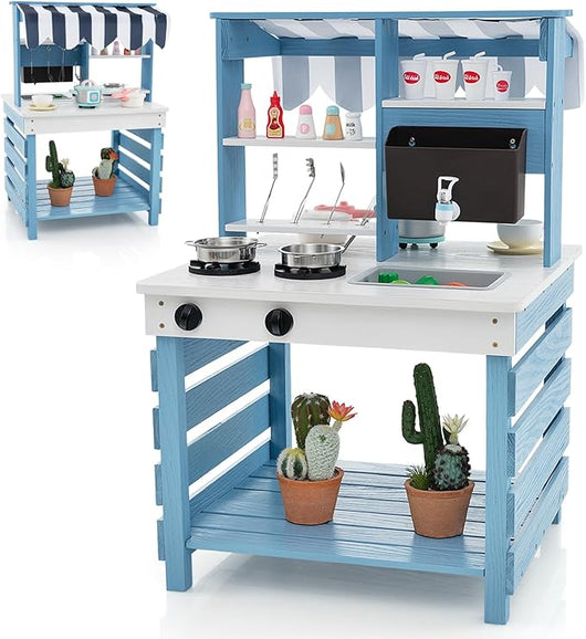 Cucina Giocattolo per Bambini, Cucina per Bambini a Doppia Faccia con Stufa a Gas, Lavello e Rubinetto, Tenda da Sole, Con Suoni, per Bambini 3+ Anni