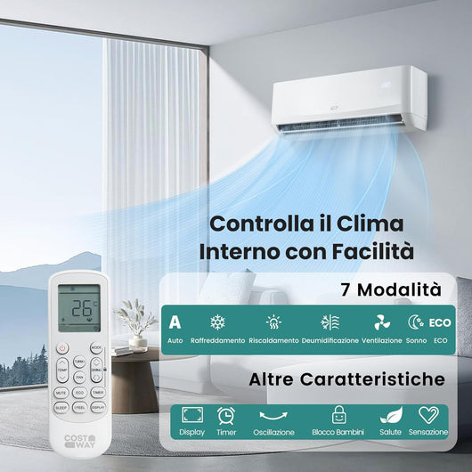 Climatizzatore Monosplit 12000BTU, 3,4kW, con Pompa di Calore, Tecnologia Inverter, Flusso d’aria 4D con 8 Velocità, Funzione di autopulizia e Timer di 24 ore [Classe di efficienza energetica A++]