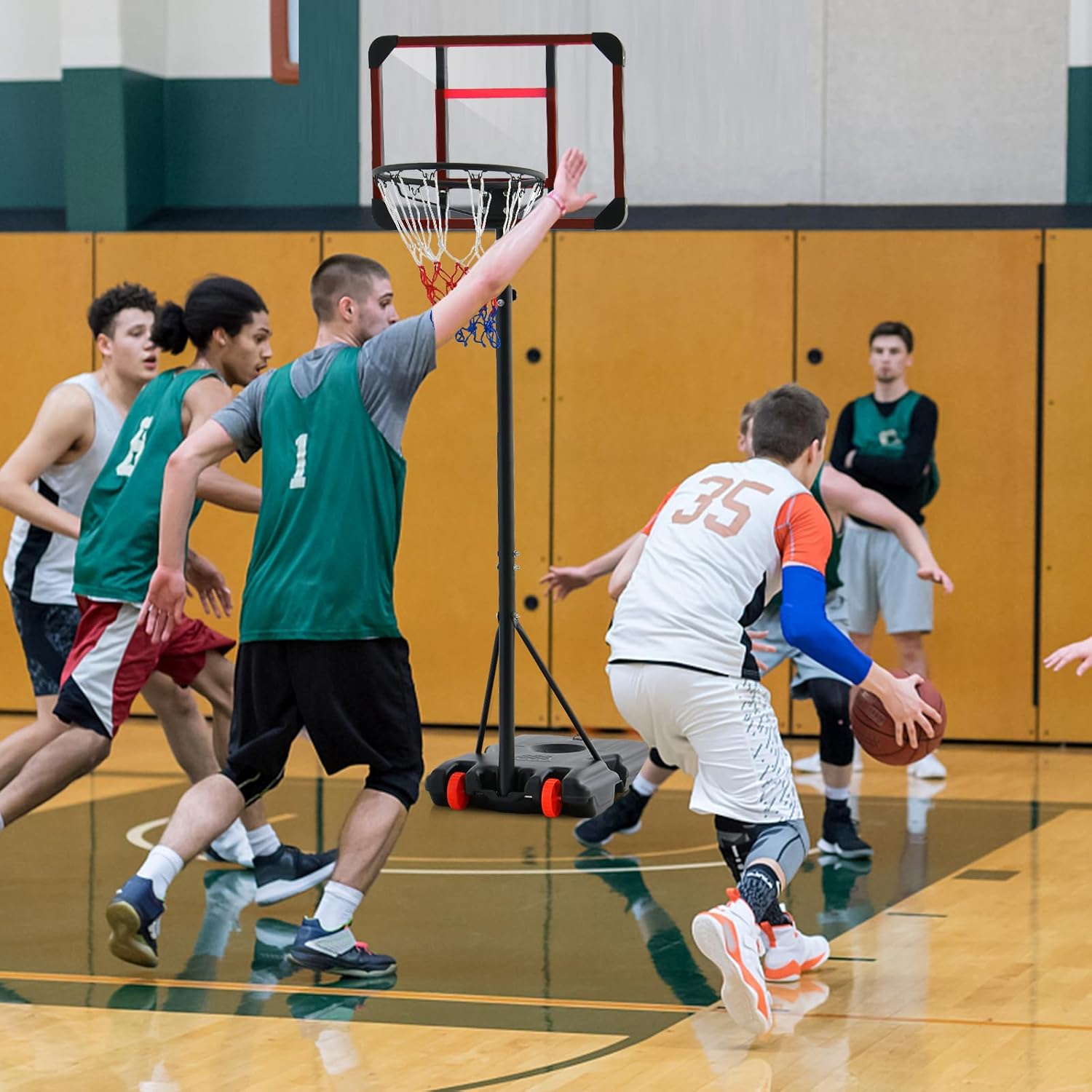 Canestro da Basket Regolabile in Altezza 193-248 CM, Canestro da Basket da Esterno ed Interno con Ruote e Supporto per Pallone, Canestro da Basket per Parco, Casa e Giardino