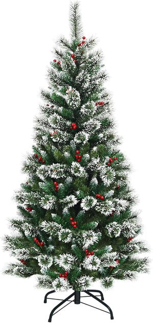Albero di Natale Innevato 150/180/210/240 cm, Albero di Natale Artificiale con Rami, Bacche Rosse e Base di Metallo, Decorazione Natalizia per Casa, Negozio e Ufficio (180 CM)