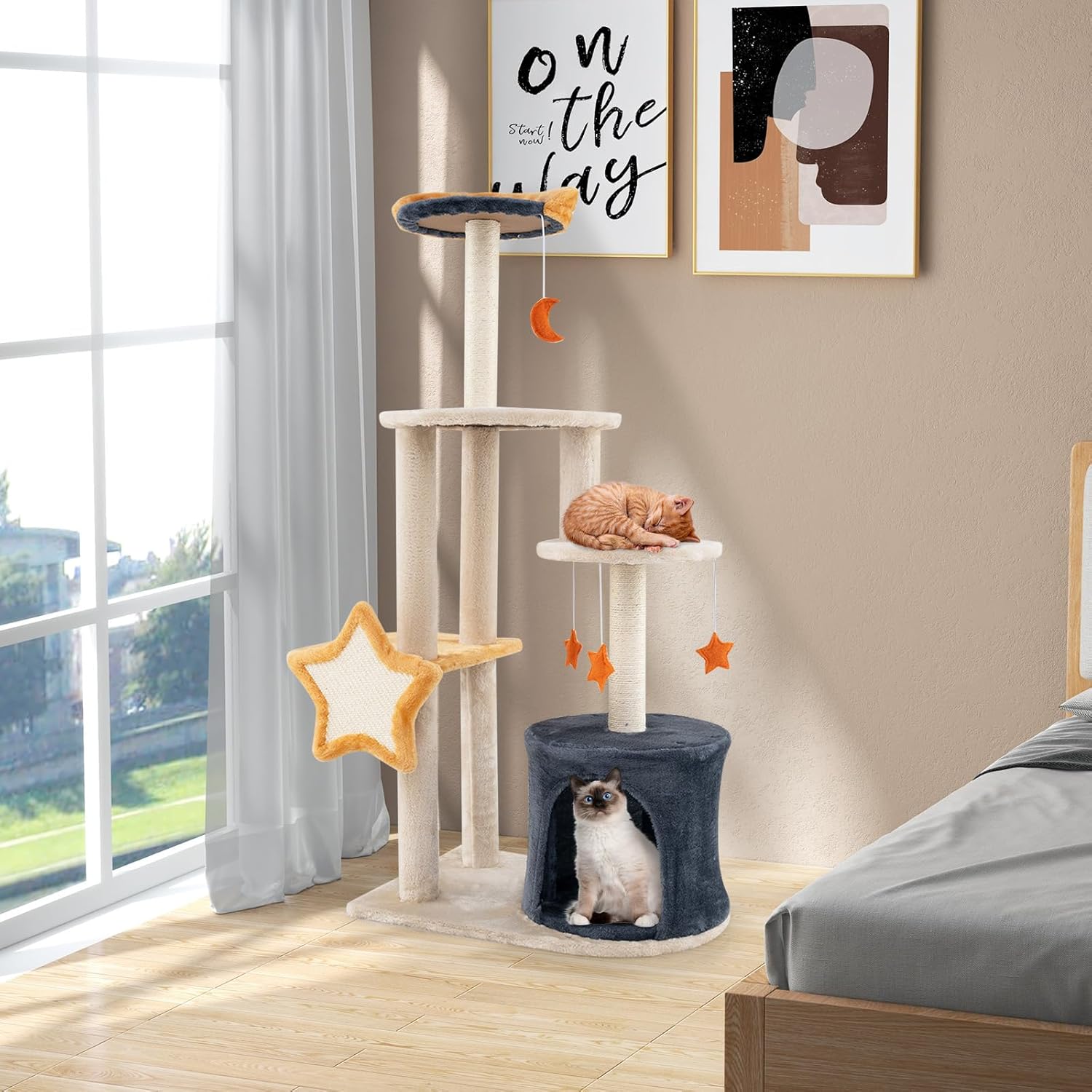 Tiragraffi per Gatti 128cm, Albero per Gatti da Interno, Torre Multi-Livello con Tiragraffi in Sisal, Gattiera, Piattaforma Superiore in Peluche e Giocattoli Appesi