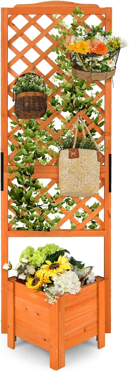 Letto da Giardino Rialzato con Spalliera, Fioriera in Legno Verticale per Piante Rampicanti con Drenaggio, Fioriera da Interno ed Esterno per Giardino e Balcone, 54,5 x 52 x 180 cm
