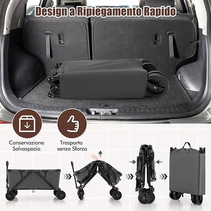Carrello da Spiaggia Pieghevole, Carrello da Campeggio con Maniglia Regolabile e 360Â° Ruote, Portabottiglie e Tasca Portaoggetti, 170L, per Campeggio, Spiaggia e Giardino (Grigio)