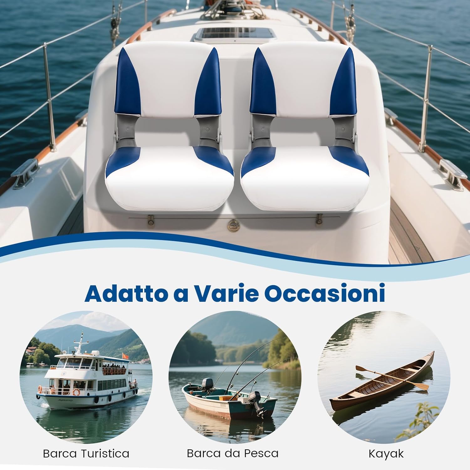 Set di 2 Sedie da Barca, Sedili da Barca Pieghevole Morbide Imbottite Spesse, Sedile Nautica Ergonomico per Imbarcazioni da Pesca, 49 x 46 x 48 cm, Blu e Bianco