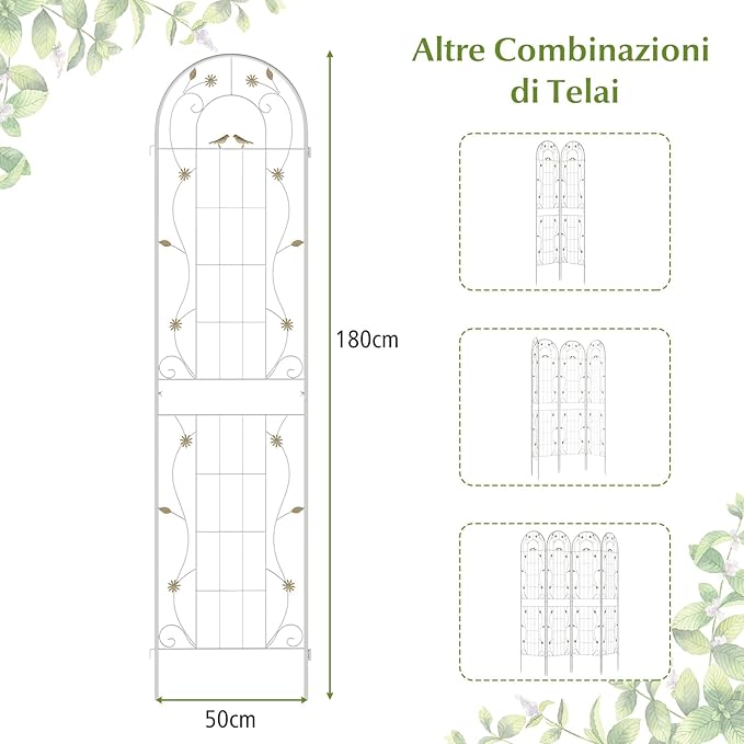 Grigliati per Rampicanti 180 x 50 CM, Set di 2 Tralicci di Metallo Antiruggine per Piante Rampicanti, Rose e Verdure, Decorazione Esterna per Giardino, Cortile e Patio (Bianco)