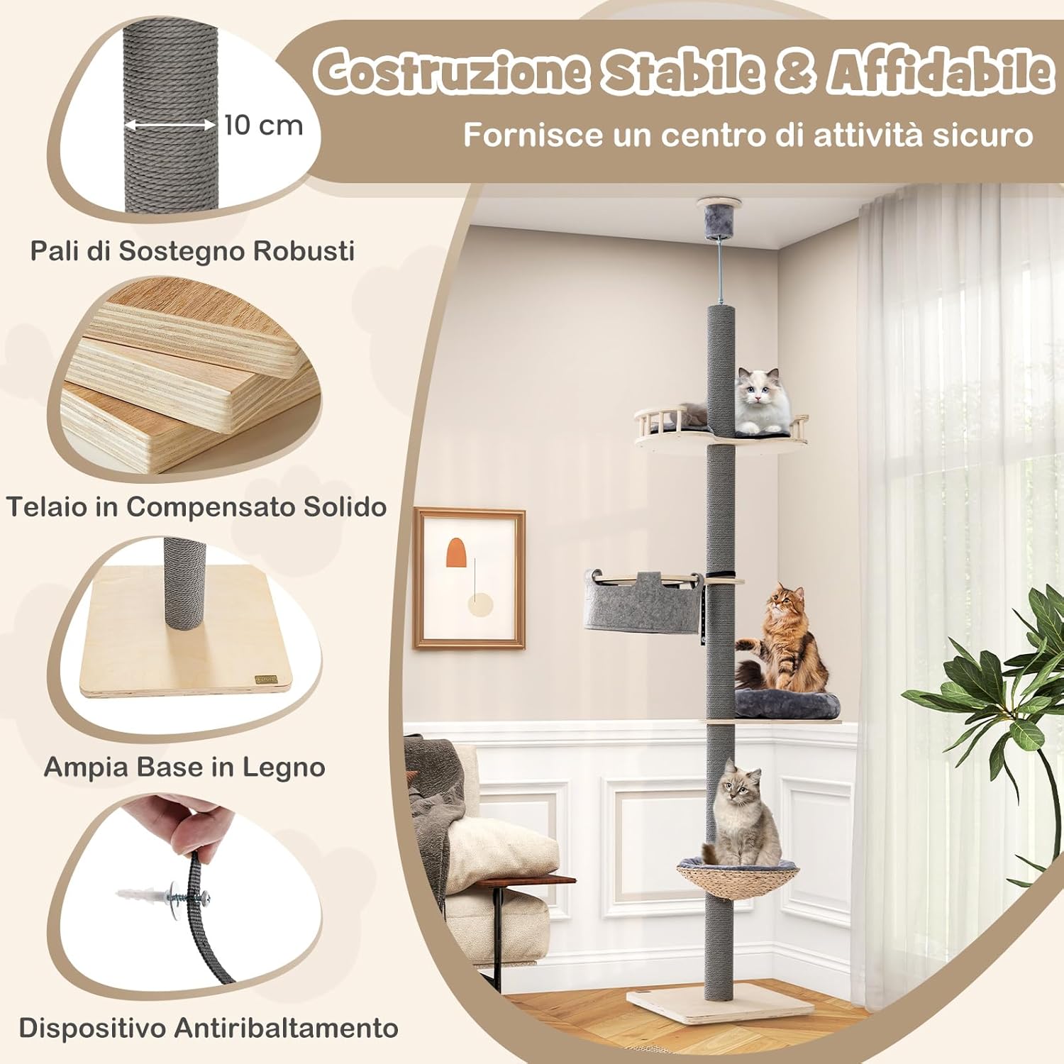 Albero per Gatti da Pavimento a Soffitto con Altezza Regolabile da 236 a 271 cm, Torre per Gatti in Legno a 5 Piani con Amaca, Letto e Cesta e Tiragraffi