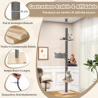 Albero per Gatti da Pavimento a Soffitto con Altezza Regolabile da 236 a 271 cm, Torre per Gatti in Legno a 5 Piani con Amaca, Letto e Cesta e Tiragraffi