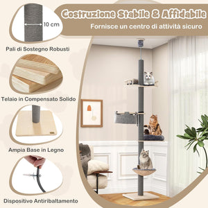 Albero per Gatti da Pavimento a Soffitto con Altezza Regolabile da 236 a 271 cm, Torre per Gatti in Legno a 5 Piani con Amaca, Letto e Cesta e Tiragraffi