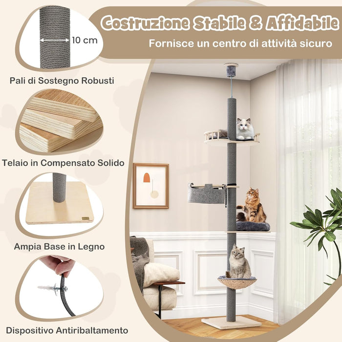 Albero per Gatti da Pavimento a Soffitto con Altezza Regolabile da 236 a 271 cm, Torre per Gatti in Legno a 5 Piani con Amaca, Letto e Cesta e Tiragraffi