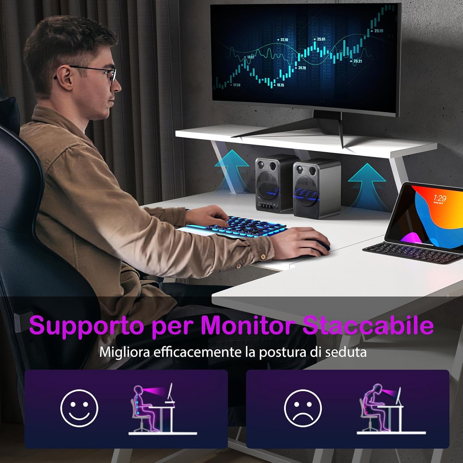 Scrivania Angolare Salvaspazio, Scrivania da Gaming con Prese, Porte USB, Ripiano per Monitor, Gancio per Cuffie, Ripiano e Supporto per CPU, Scrivania ad Angolo per Casa e Ufficio (Bianco)