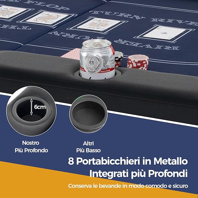 Tavolo da Poker Pieghevole 182 cm per 8 Giocatori, Tavolo da Gioco Ovalo con Supporti per Bicchieri, Rivestimenti Imbottiti, per Blackjack, Texas Hold’em, Giochi da Casinò (Blu)