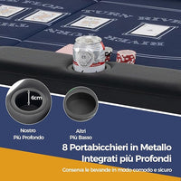 Tavolo da Poker Pieghevole 182 cm per 8 Giocatori, Tavolo da Gioco Ovalo con Supporti per Bicchieri, Rivestimenti Imbottiti, per Blackjack, Texas Hold’em, Giochi da Casinò (Blu)