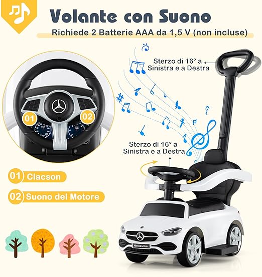 3 in 1 Auto a Spinta, Mercedes-Benz Macchina Cavalcabile, con Schienale Regolabile Suono Barra di Spinta e Tettuccio, per Bambini 18-36 Mesi (Bianco)