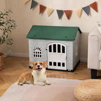 Cuccia per Cani da Esterno ed Interno, Cassetta per Cani con Porta Bloccabile, 3 Finestre e Tetto Inclinato, Cucce per Cagnolino in Plastica Impermeabile (Verde)