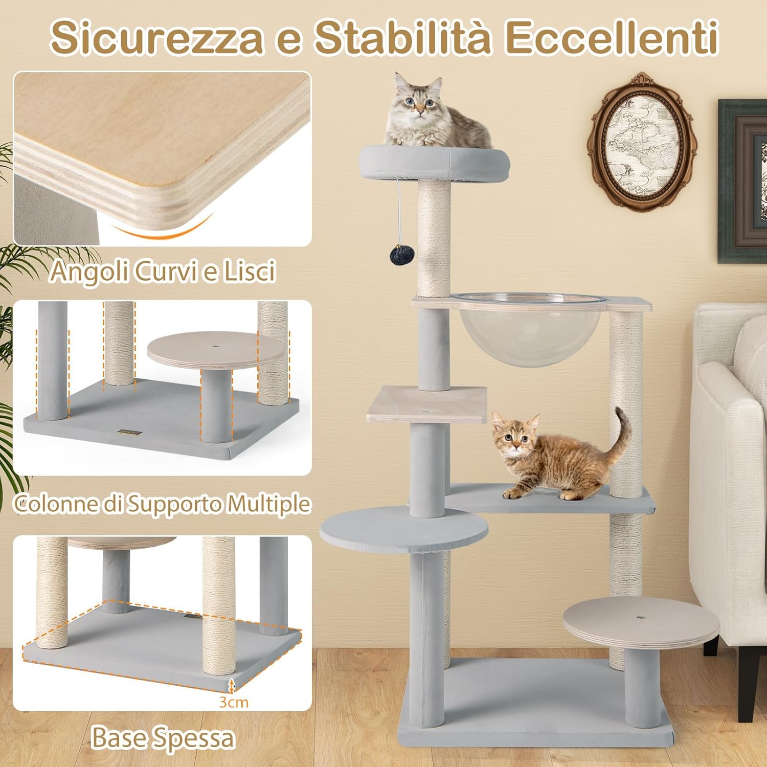 Tiragraffi per Gatto Alto 113 cm con Capsula Spaziale, Albero Tiragraffi Gatti con 4 Pali in Sisal, Piattaforme, Trespolo e Pompon, Torre Gatto in Legno Solido, Naturale e Grigio