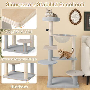 Tiragraffi per Gatto Alto 113 cm con Capsula Spaziale, Albero Tiragraffi Gatti con 4 Pali in Sisal, Piattaforme, Trespolo e Pompon, Torre Gatto in Legno Solido, Naturale e Grigio