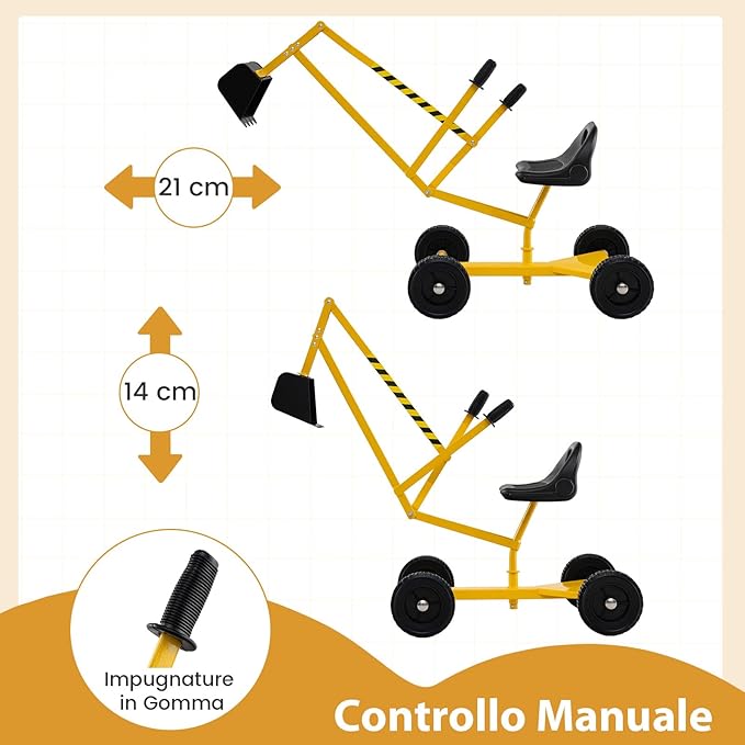 Ruspa Giocattolo per Bambini, Escavatore Cavalcabile con Controlli a 2 Mani Pala Flessibile, Sedile Rotabile a 360°, 4 Ruote, Ideale per Bambini 3 Anni+