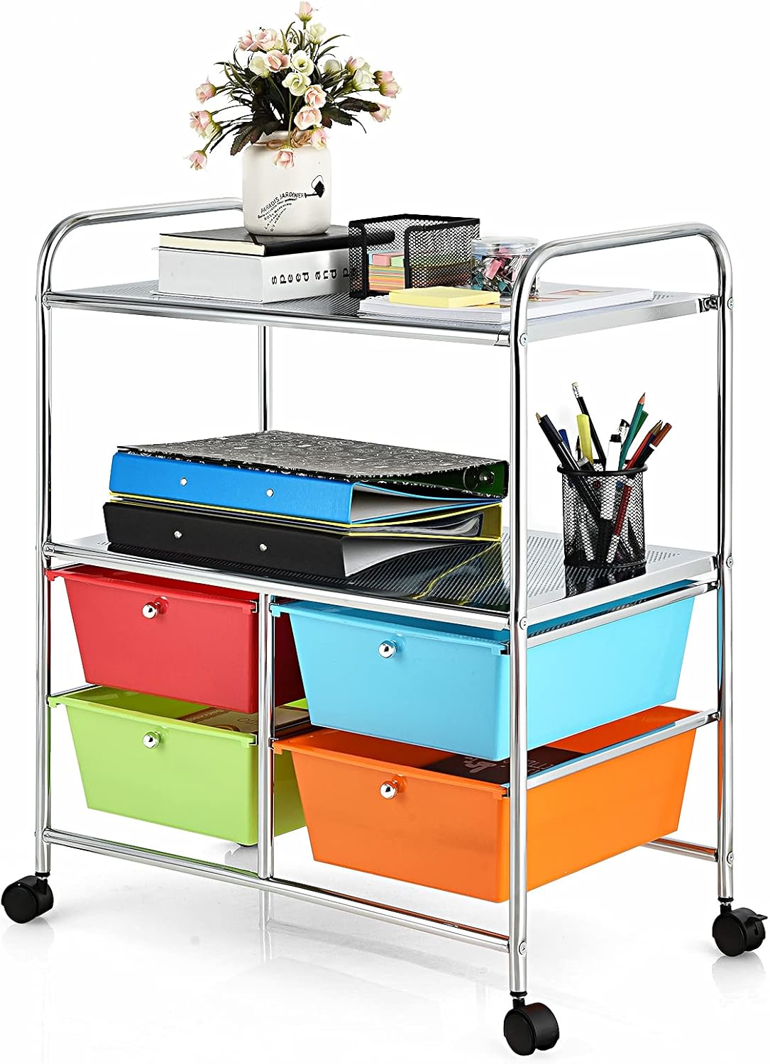 Carrello con 4 Cassetti e 2 Ripiani, Carrello Portaoggetti con Ruote per Cucina Bagno Ufficio, Multiuso, 58,5x37x75 cm (Colorato 2)