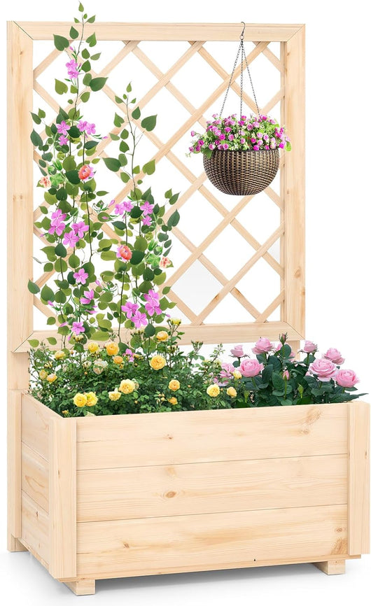 Fioriera con Traliccio, Letto da Giardino Rialzato con Grigliato e Fori di Drenaggio, Aiuola Elevata in Legno per Piante Rampicanti da Interno ed Esterno (58 x 35 x 101 cm)
