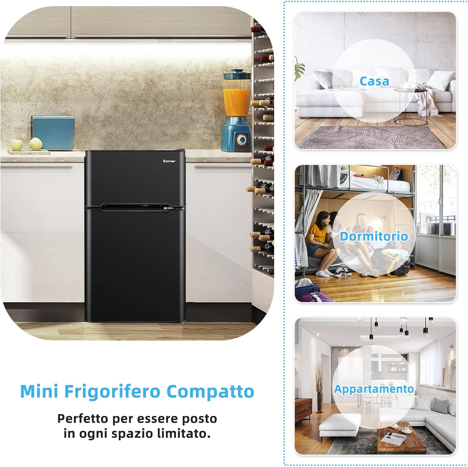 Frigorifero 90 L (27+63), Freezer Separato con 2 Ante e Luce LED, Refrigerazione Rapida, Silenzioso, Mini Frigo per Ufficio Casa Bar Hotel, 220-240 V/50 Hz (Nero) [Classe di efficienza energetica E]