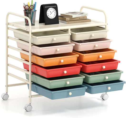 Carrello di Stoccaggio con 12 Cassetti, Carrello portaoggetti con 4 Ruote, Carrello Multiuso per Scuola Ufficio Cucina, 64 x 38 x 62 cm (12 cassetti Macaron)