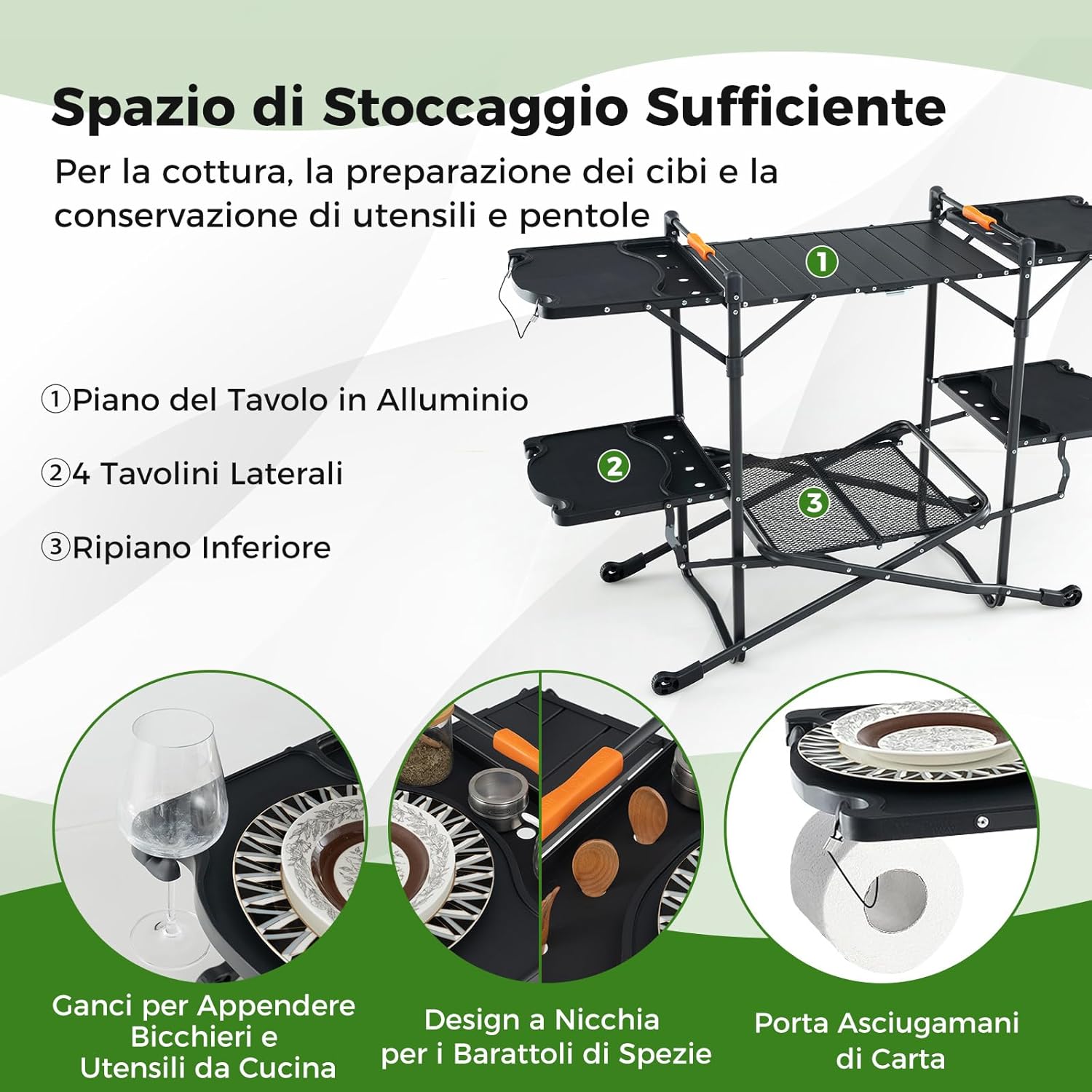 Tavolo da Campeggio Pighevole, Tavolo da Cucina Portatile con 4 Tavoli Laterali, Tavolo da Cucina per Picnic con Mensola Portaoggetti, Borsa