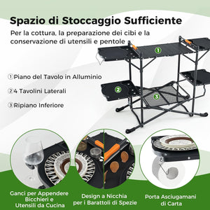 Tavolo da Campeggio Pighevole, Tavolo da Cucina Portatile con 4 Tavoli Laterali, Tavolo da Cucina per Picnic con Mensola Portaoggetti, Borsa