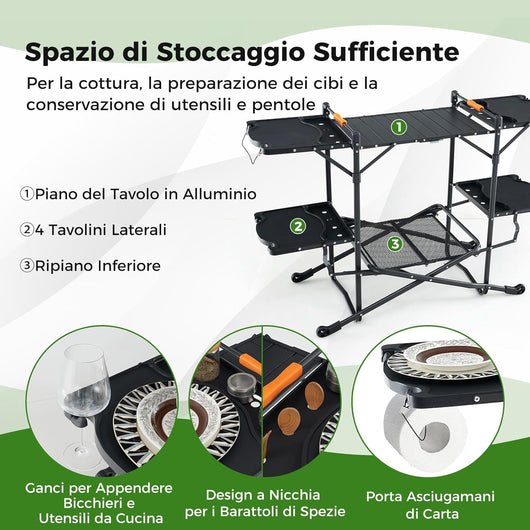 Tavolo da Campeggio Pighevole, Tavolo da Cucina Portatile con 4 Tavoli Laterali, Tavolo da Cucina per Picnic con Mensola Portaoggetti, Borsa