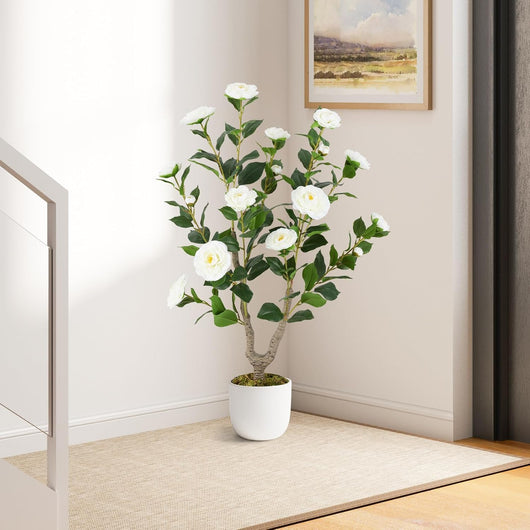 Albero di Camelia Artificiale 90 cm, Pianta Finta in Vaso con 16 Fiori Vivaci e 116 Foglie Vibranti, Pianta Decorativa per Soggiorno, Camera da Letto, Ufficio e Veranda (Bianco)