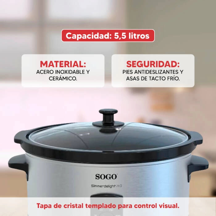 Pentola slow cooker elettrica 5,5L 260W con recipiente in ceramica e 3 programmi, per cottura lenta 7-8 persone - Sogo