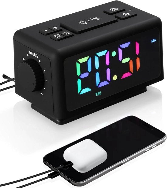 Radio sveglia digitale con 2 orari e luce RGB per camera da letto.