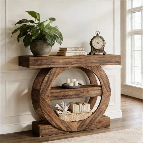 consolle rustica a tre ripiani aperti in legno marrone rustico per soggiorno e ingresso 105 × 30 × 85 cm